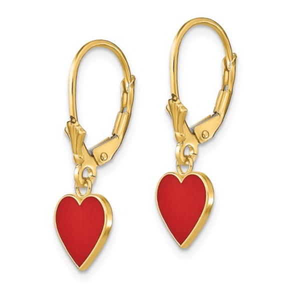 14k Yellow Gold Red Enamel Heart Leverback Dangle Drop Earrings, 26mm x 9mm - Picture 2 of 4